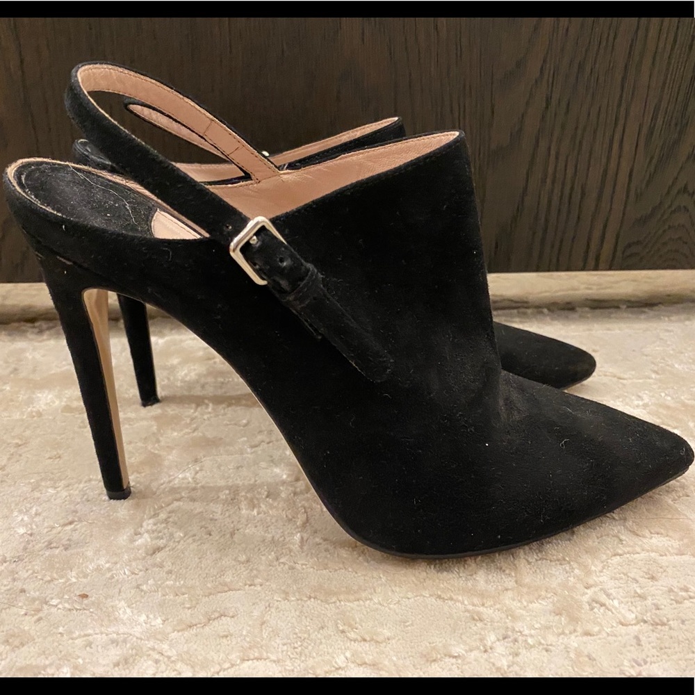 MIU MIU black suede mule booties.